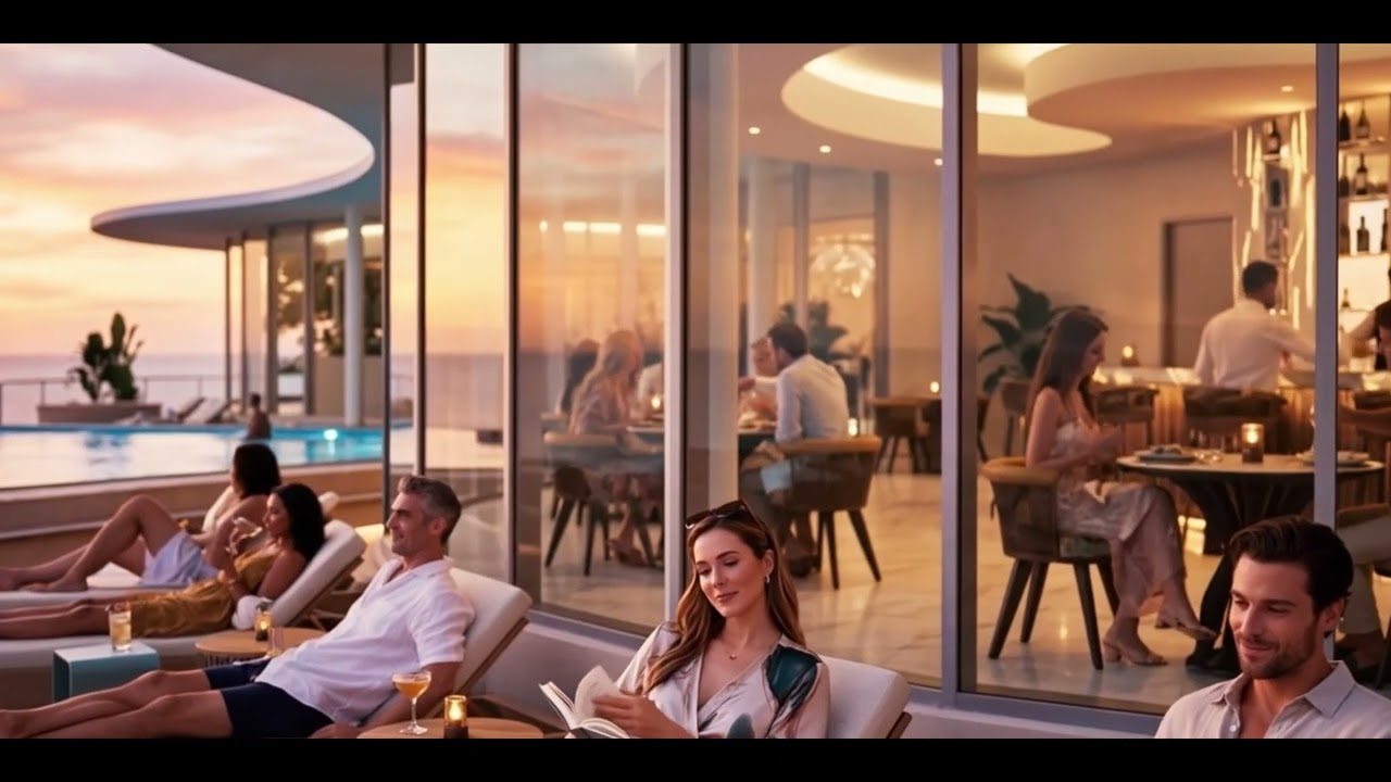 Caribe Seaside pool and lounge at sunset from the ownership preview